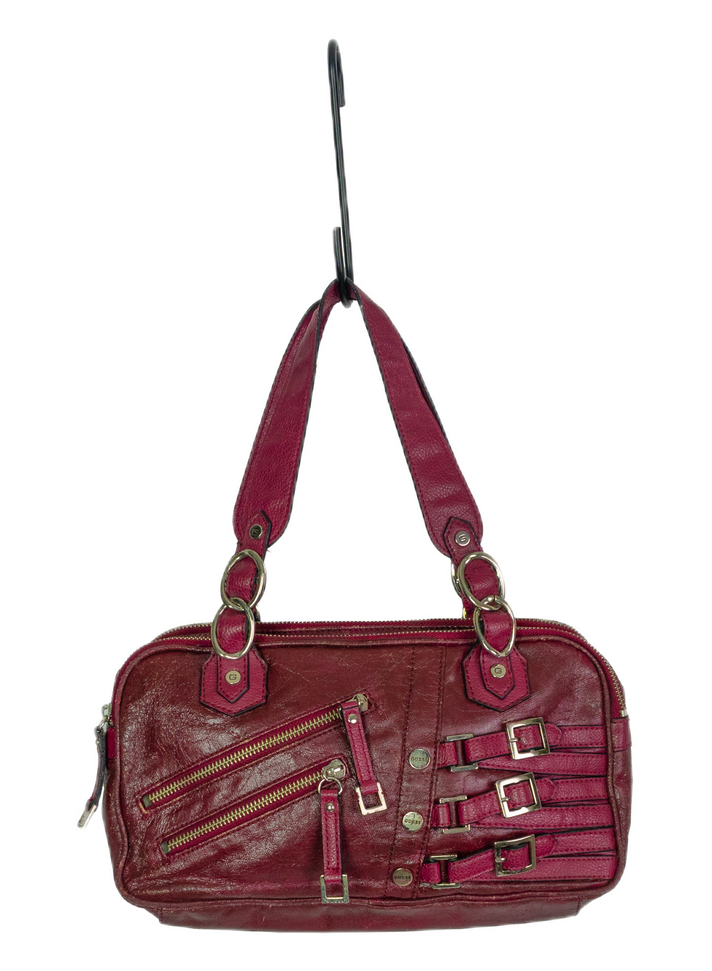 Vintage Y2K Guess Burgundy Faux Leather Buckle Detail Shoulder Bag