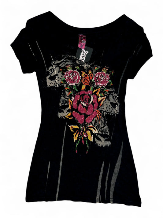 Vintage Y2K Ed Hardy Tiger & Rose Black Graphic T-Shirt