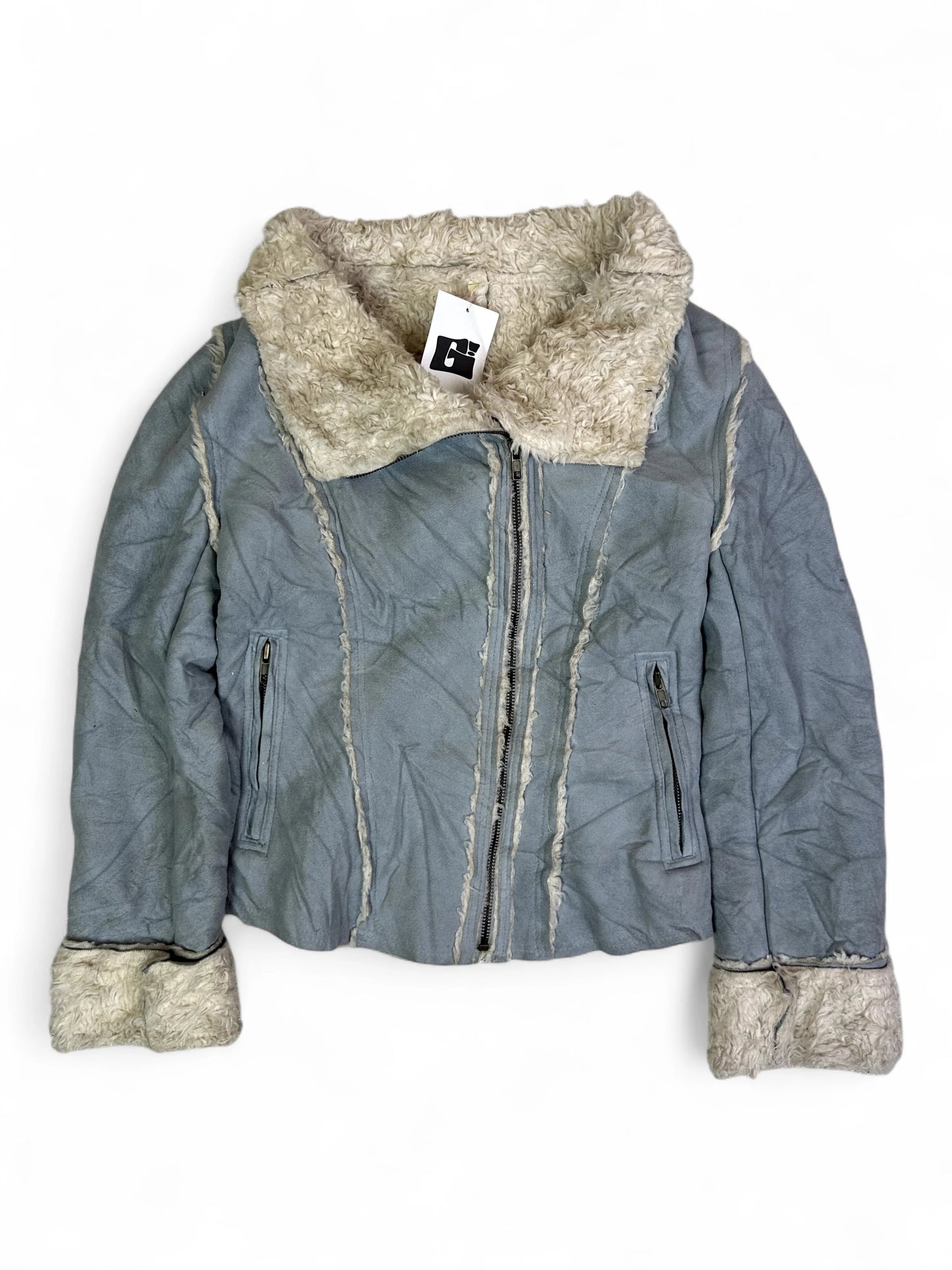 Vintage Y2K Gray Faux Shearling Panel Jacket with Fur Collar