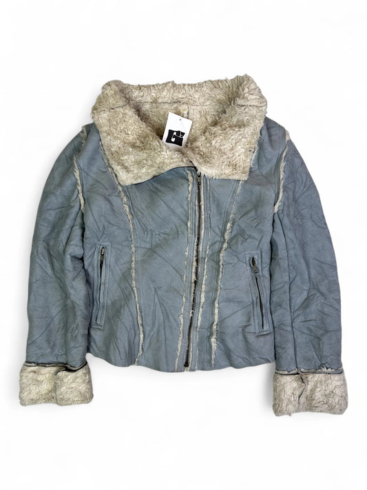 Vintage Y2K Gray Faux Shearling Panel Jacket with Fur Collar