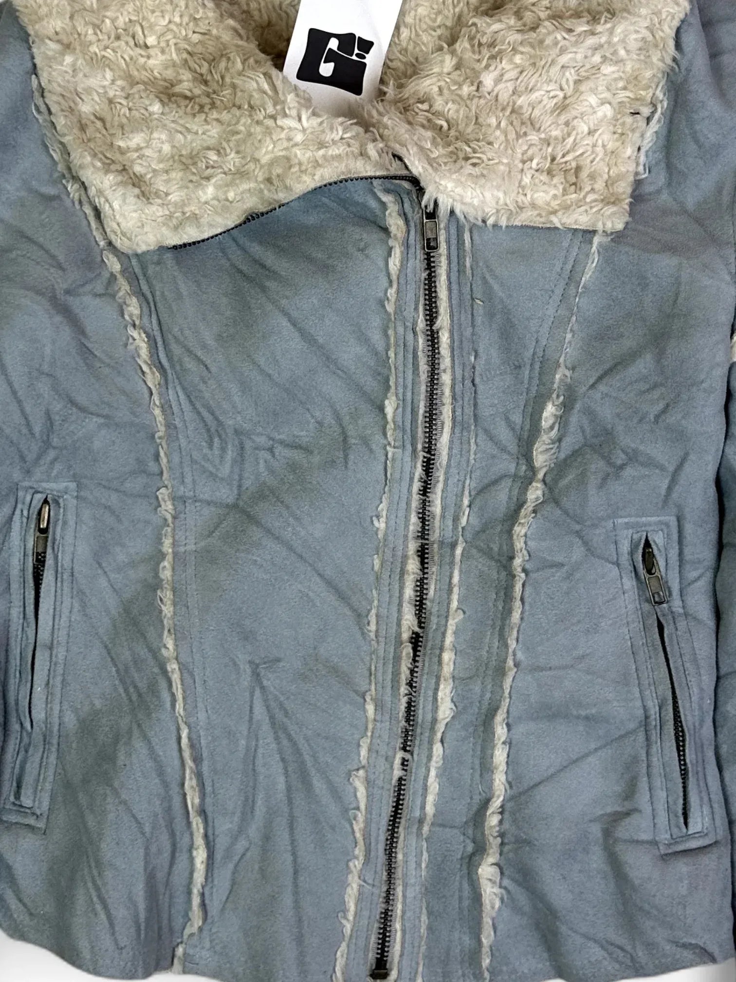 Vintage Y2K Gray Faux Shearling Panel Jacket with Fur Collar