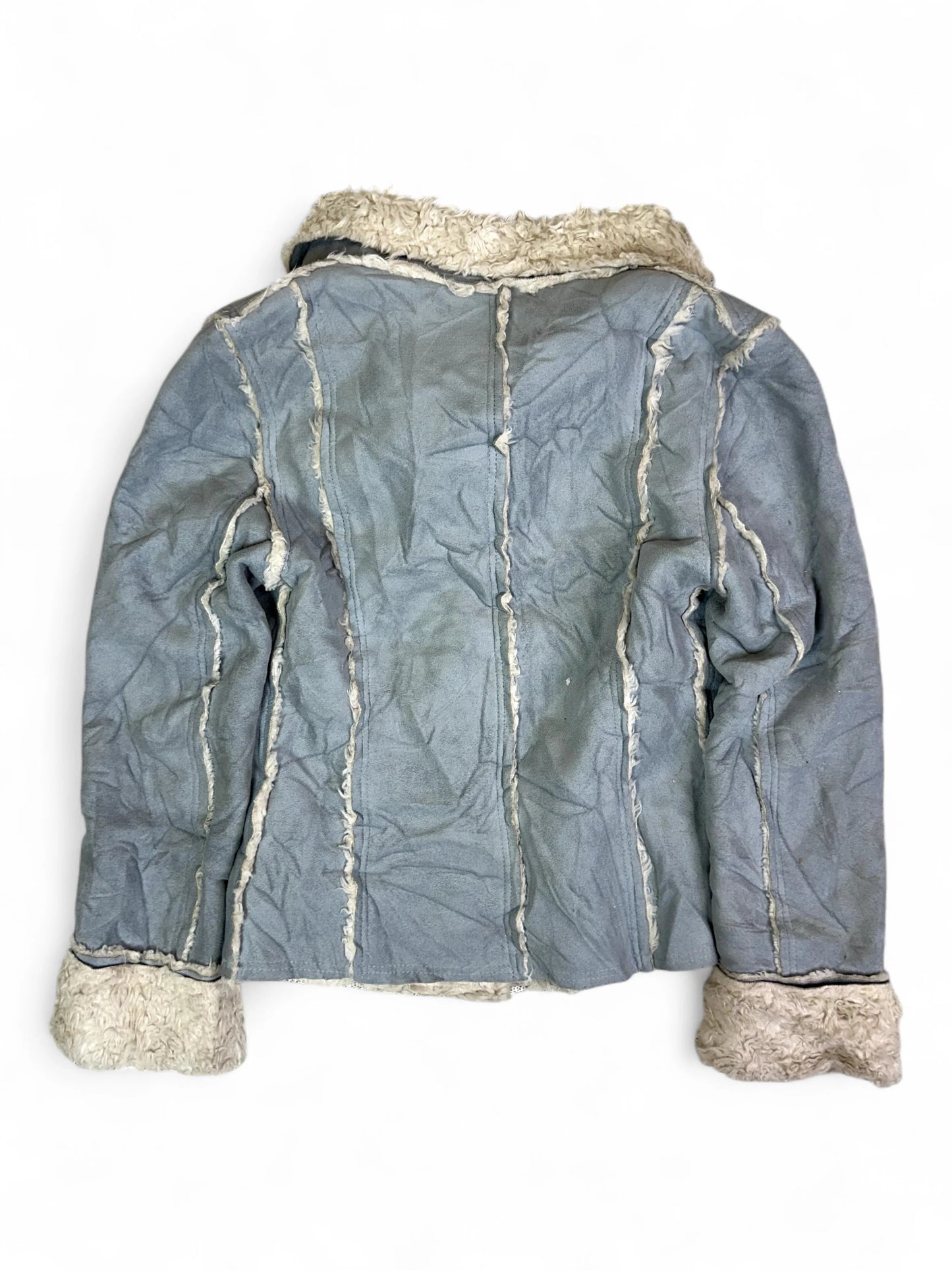 Vintage Y2K Gray Faux Shearling Panel Jacket with Fur Collar