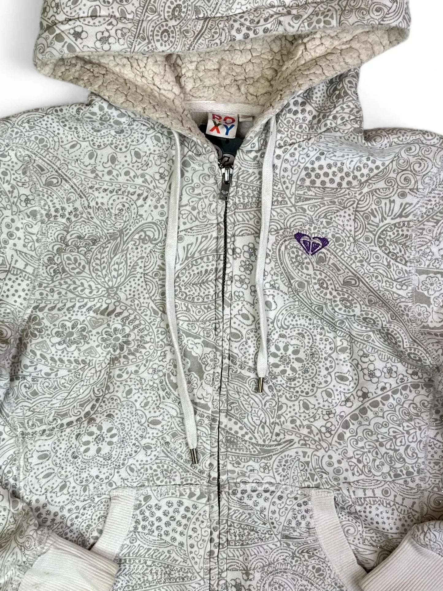Vintage Roxy Silver Pattern Sherpa Lined Zip Hoodie