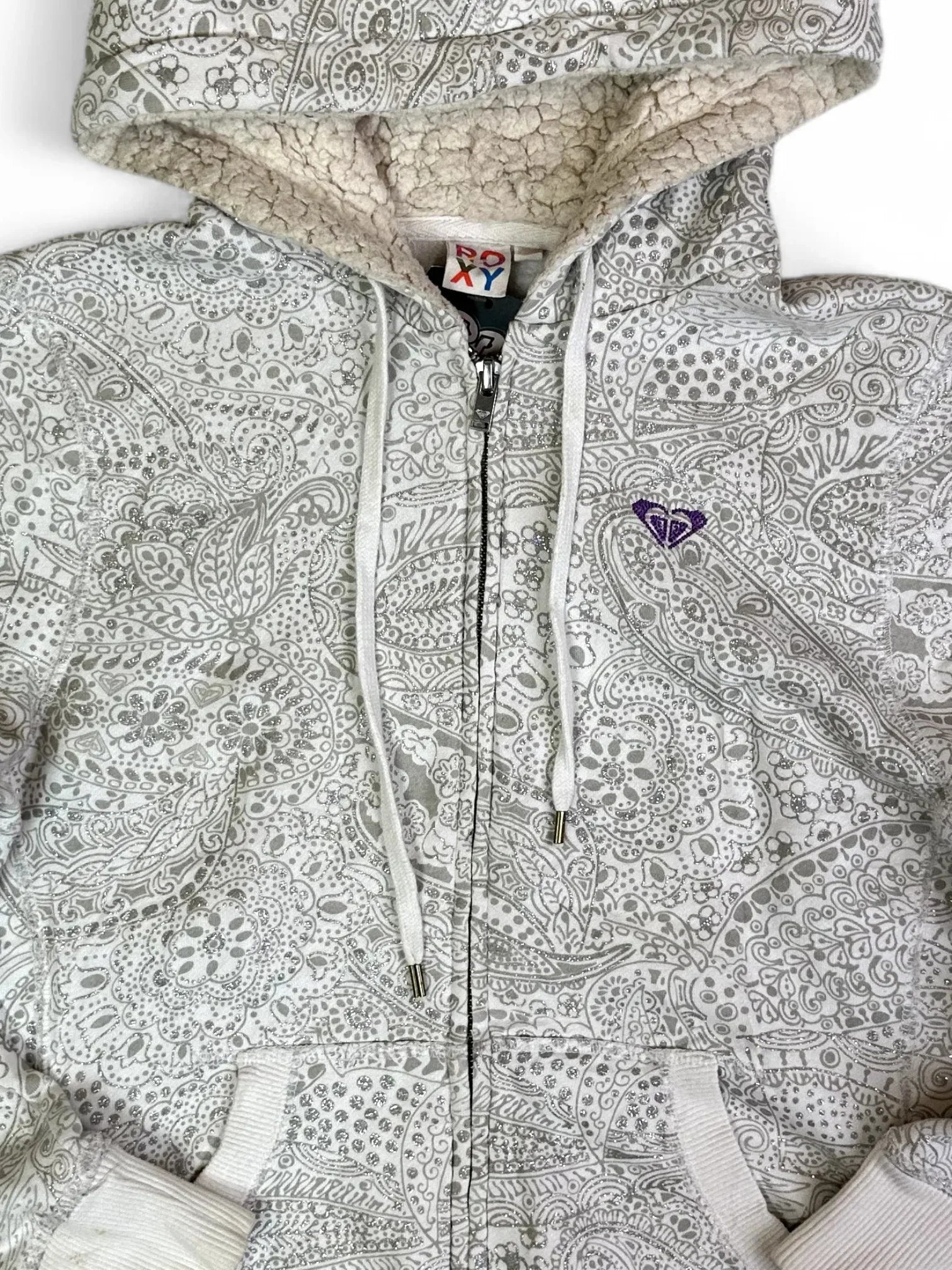 Vintage Roxy Silver Pattern Sherpa Lined Zip Hoodie