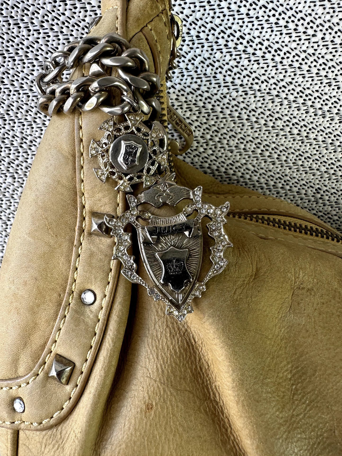 Y2K Juicy Couture yellow-brown leather crest charm hobo bag