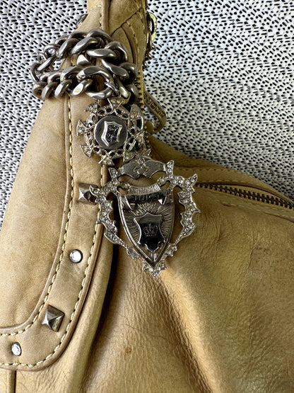 Y2K Juicy Couture yellow-brown leather crest charm hobo bag