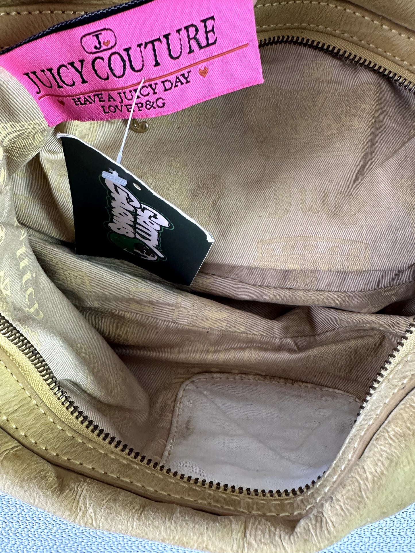 Y2K Juicy Couture yellow-brown leather crest charm hobo bag