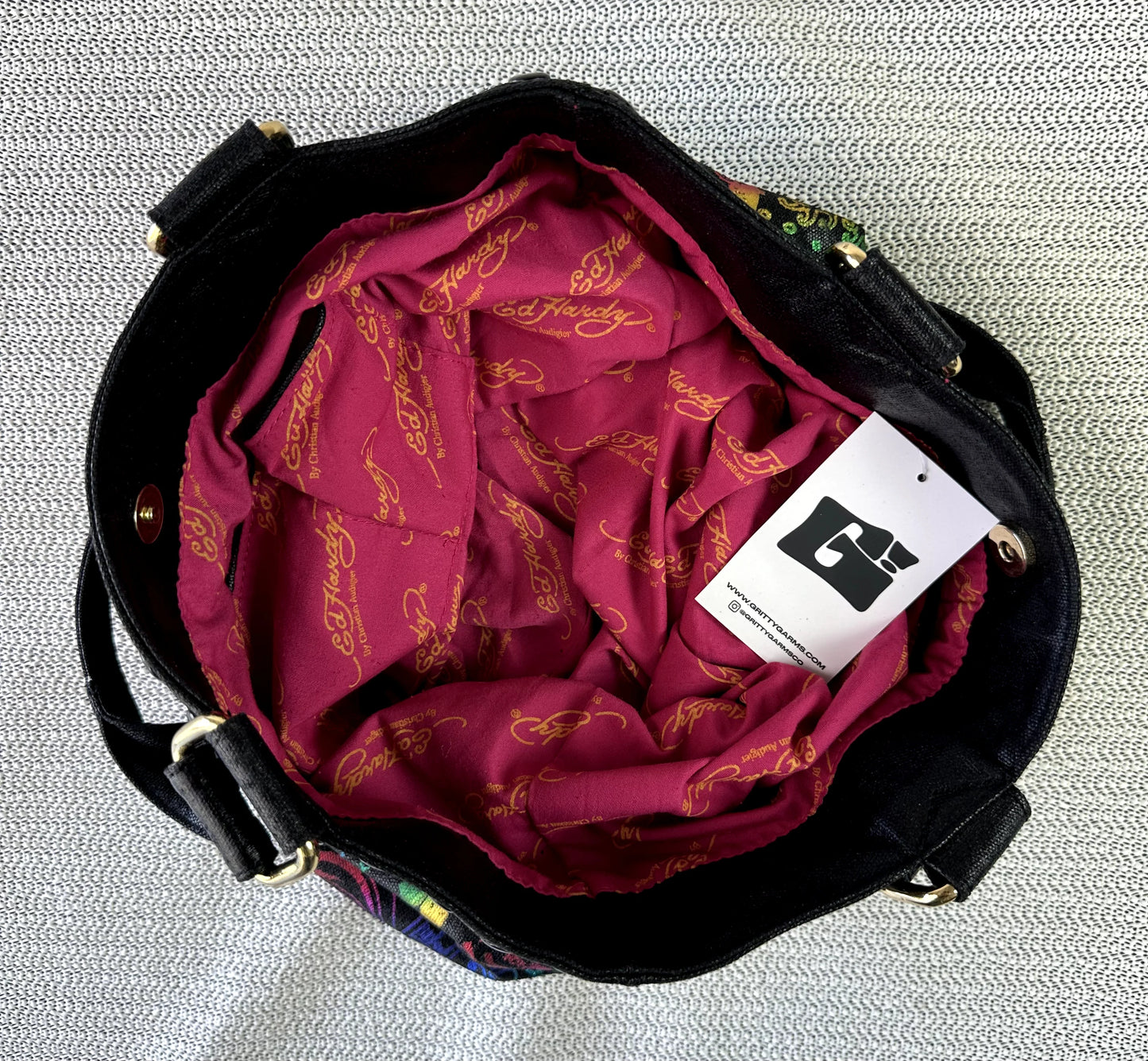 Ed Hardy black multicolour studded logo tote bag