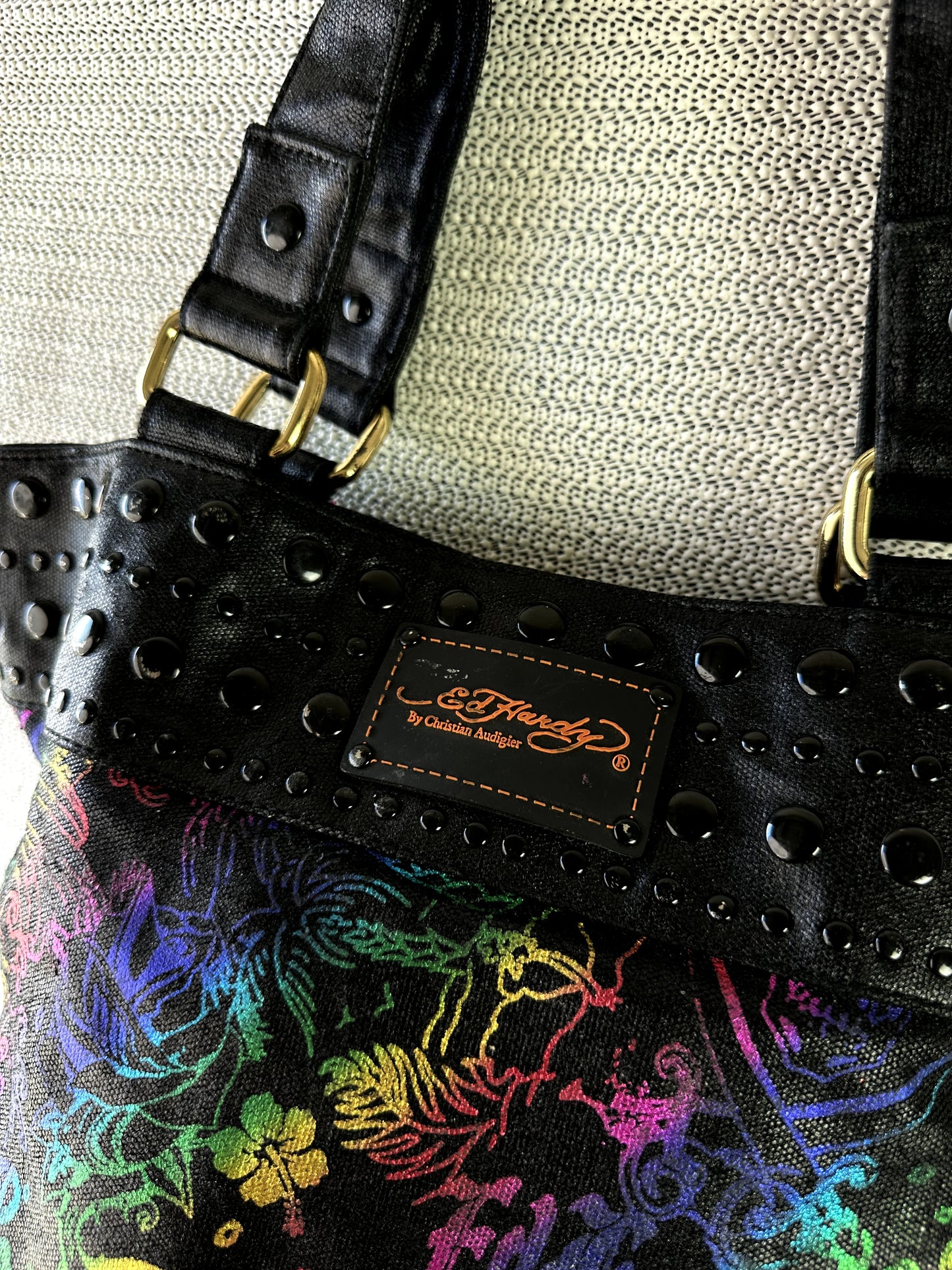 Ed Hardy black multicolour studded logo tote bag