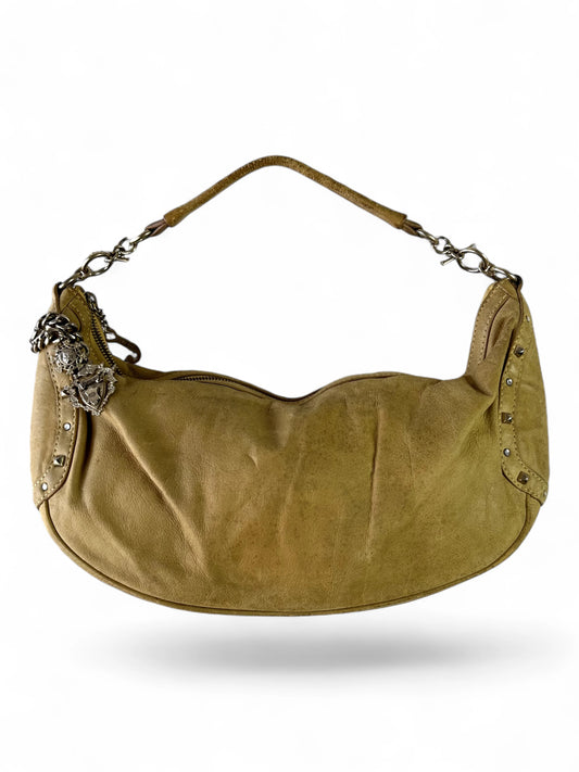 Y2K Juicy Couture yellow-brown leather crest charm hobo bag