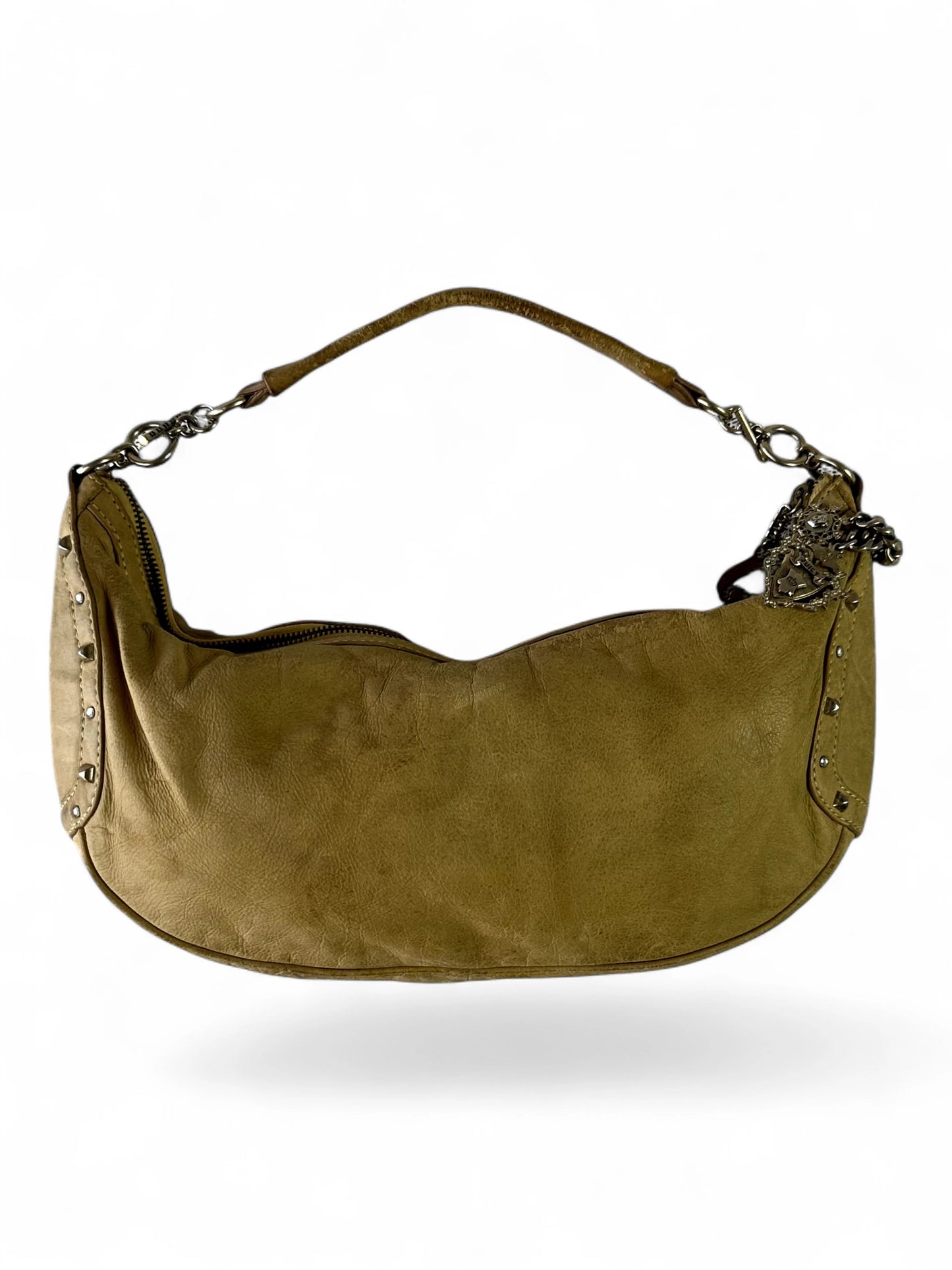 Y2K Juicy Couture yellow-brown leather crest charm hobo bag