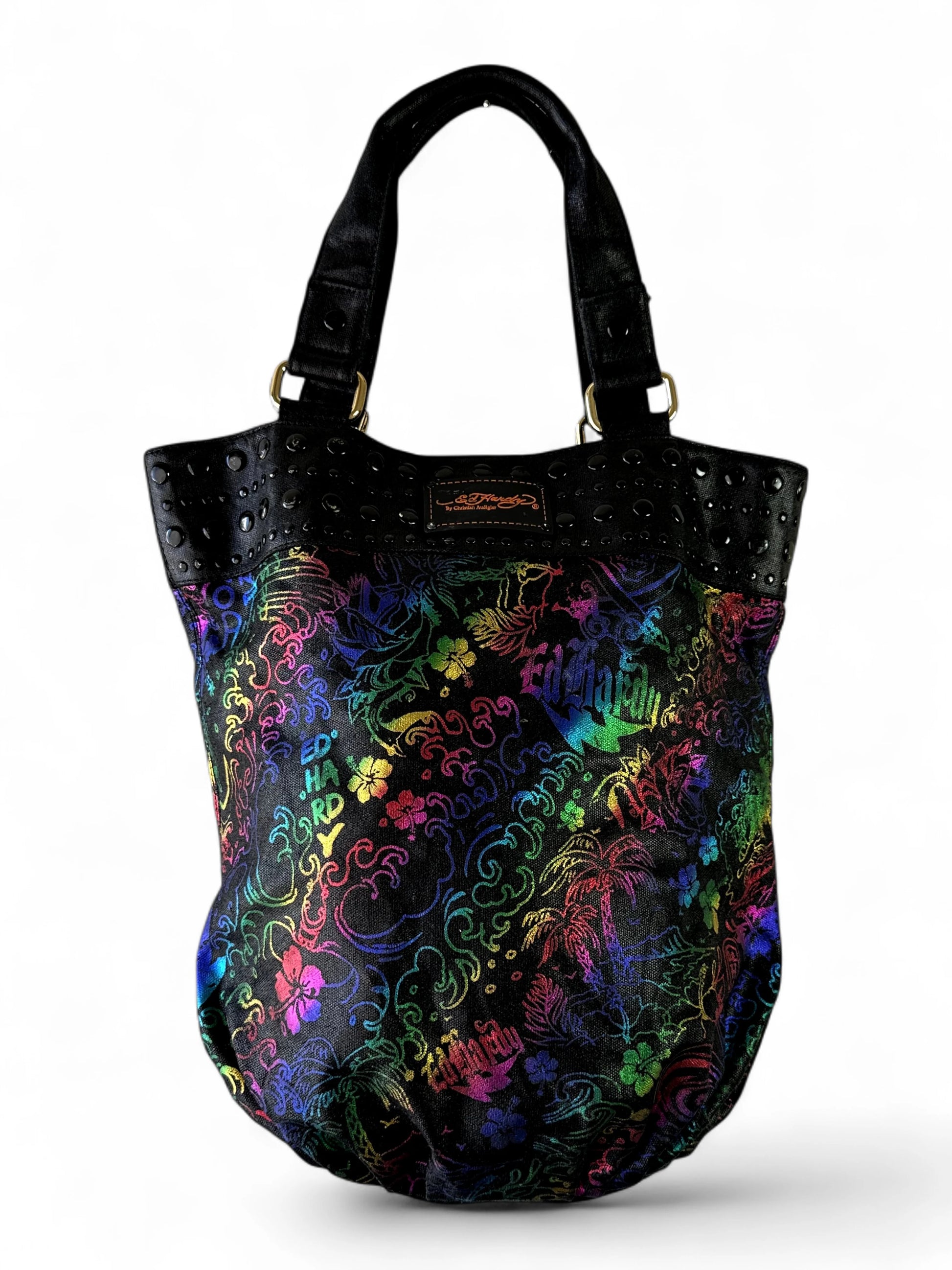 Ed Hardy black multicolour studded logo tote bag