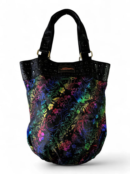 Ed Hardy black multicolour studded logo tote bag