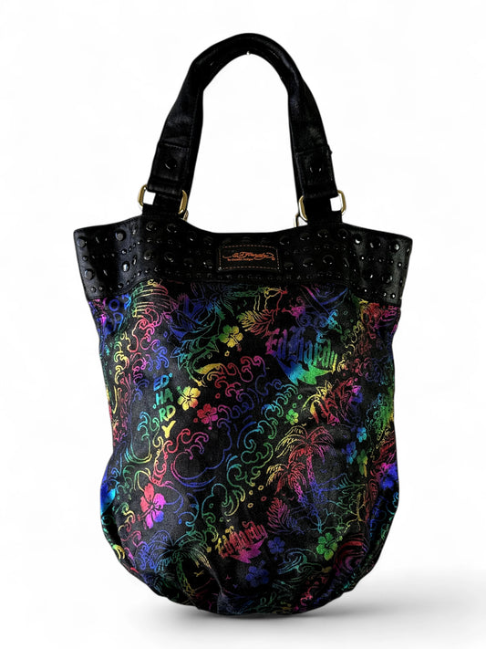 Ed Hardy black multicolour studded logo tote bag