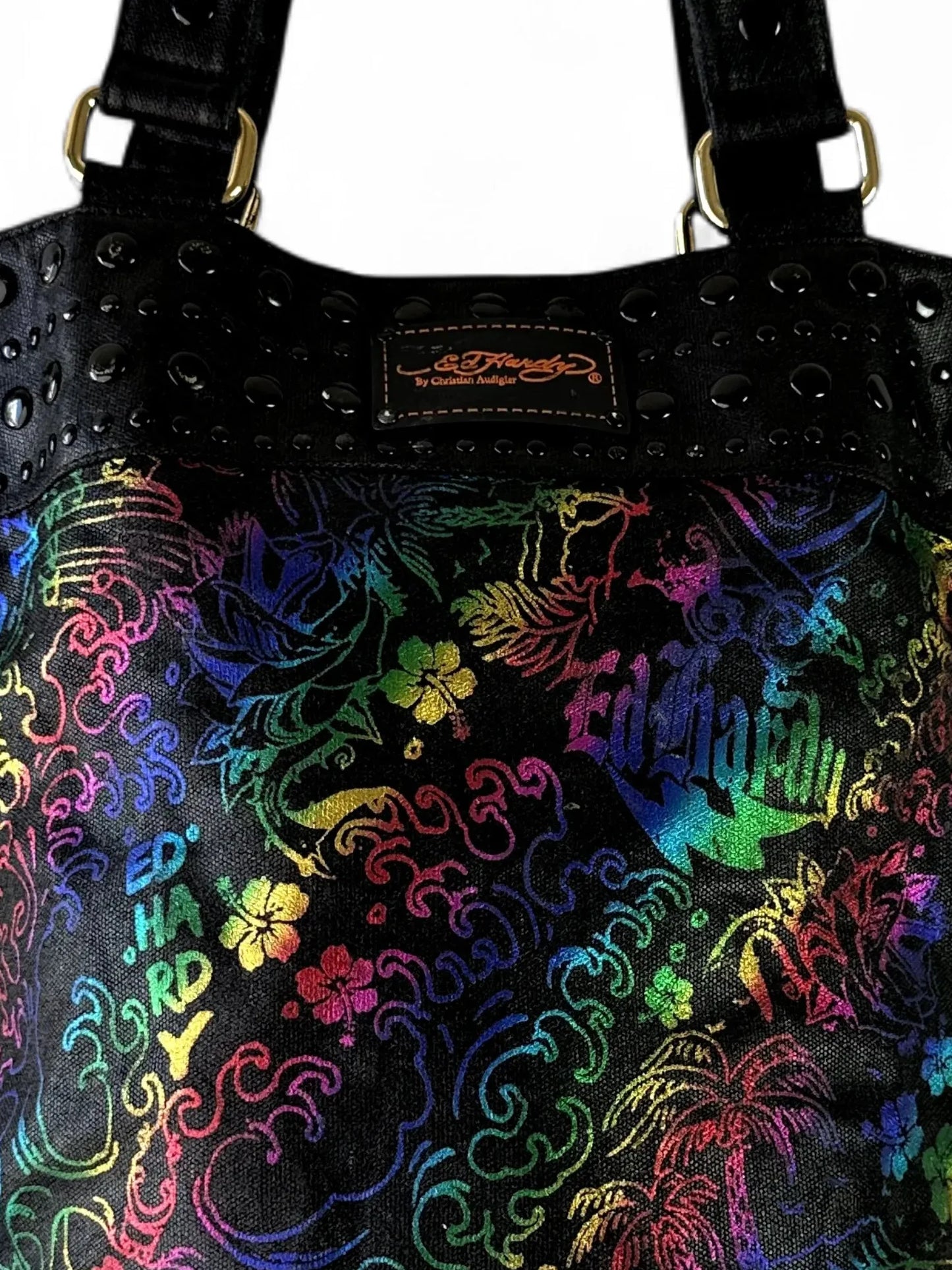 Ed Hardy black multicolour studded logo tote bag