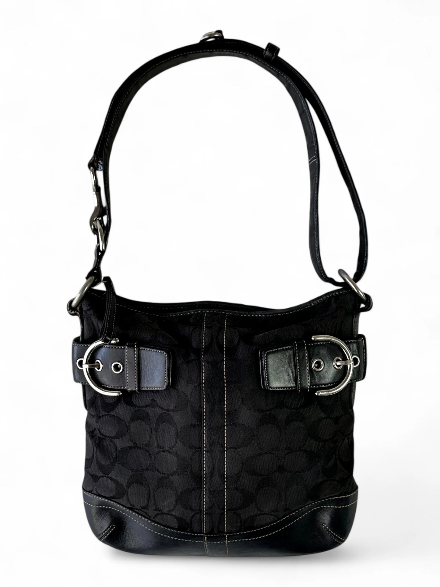 Vintage Coach black signature jacquard leather-trim hobo bag