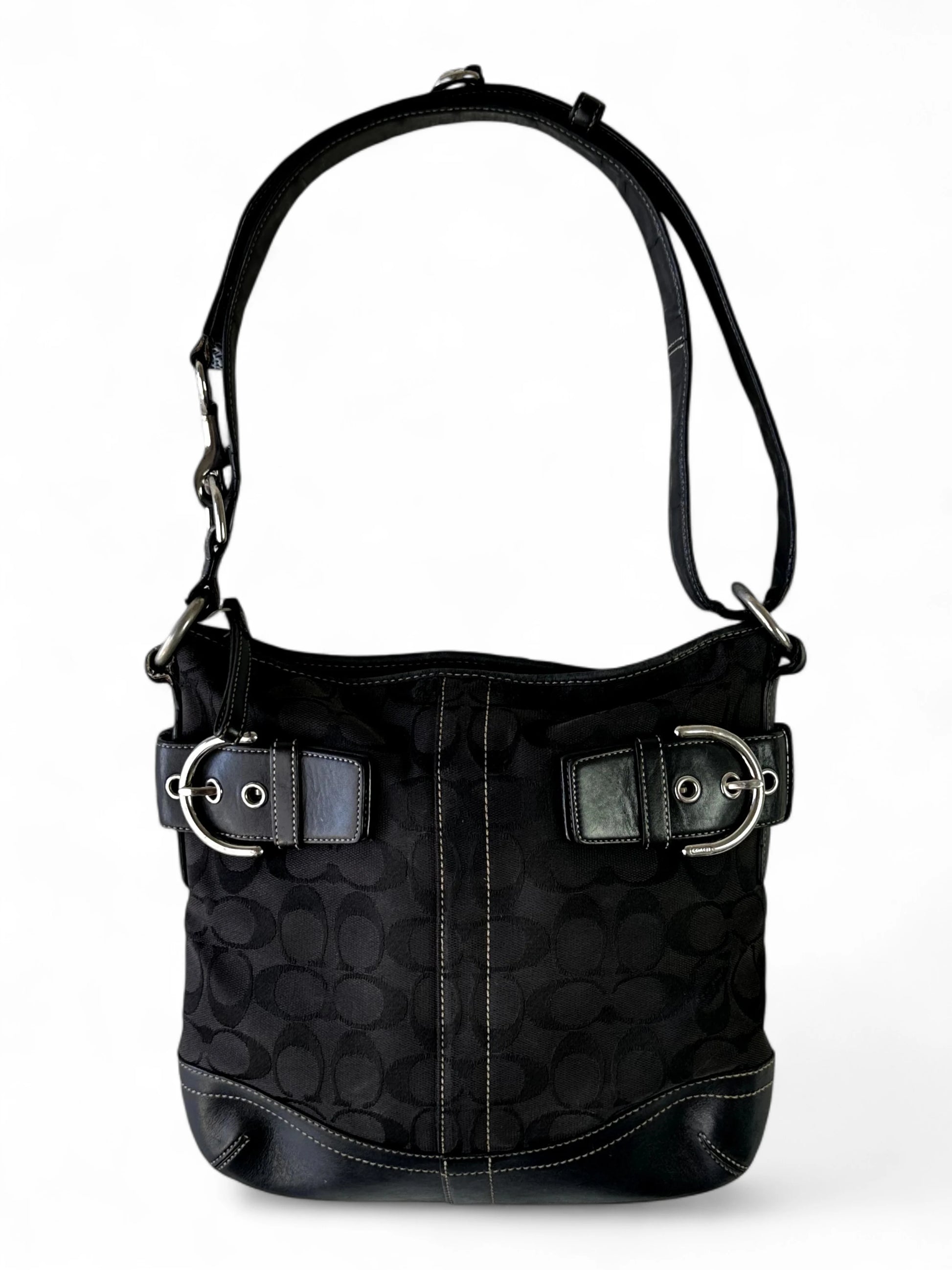 Vintage Coach black signature jacquard leather-trim hobo bag