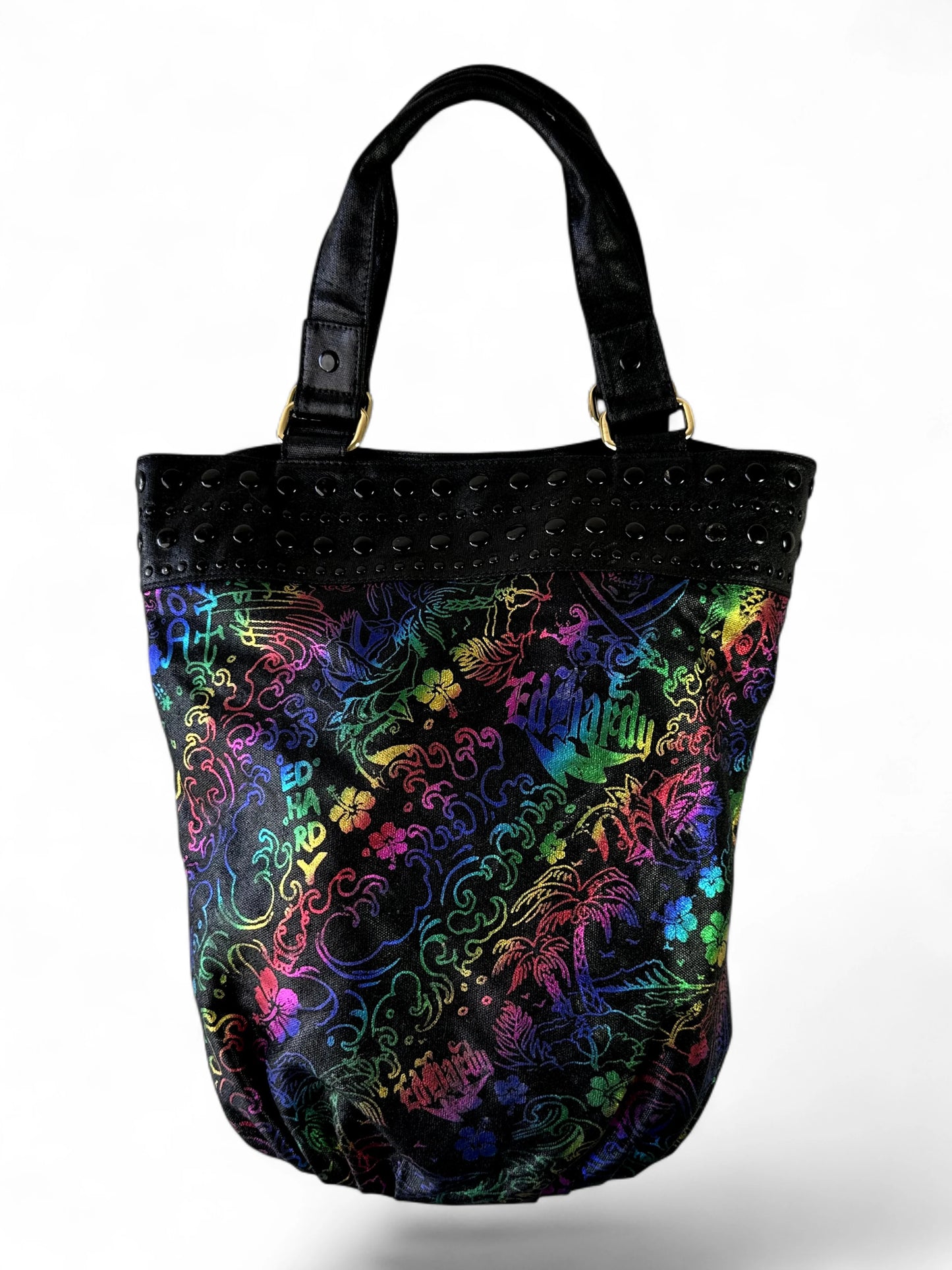Ed Hardy black multicolour studded logo tote bag