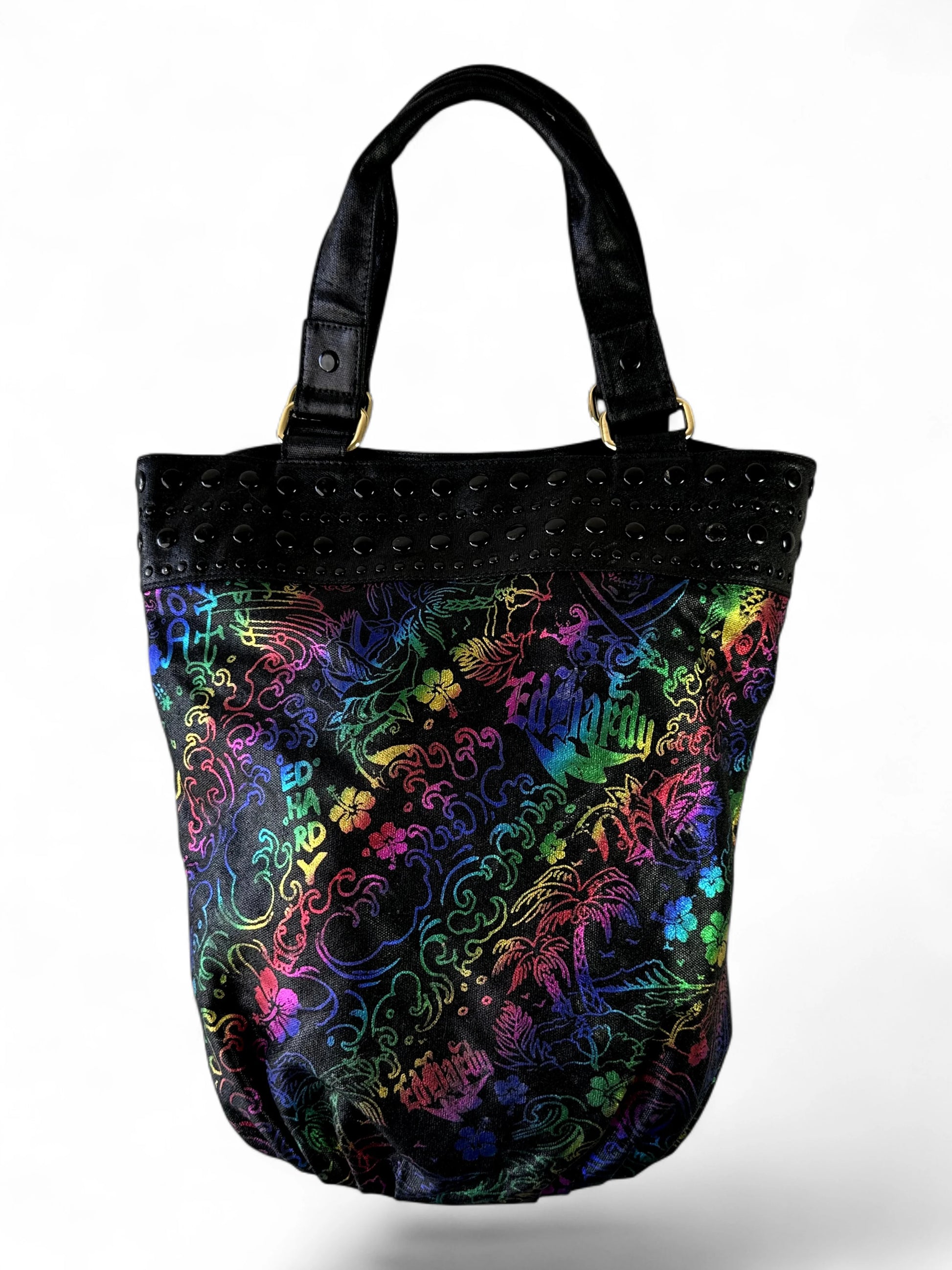 Ed Hardy black multicolour studded logo tote bag