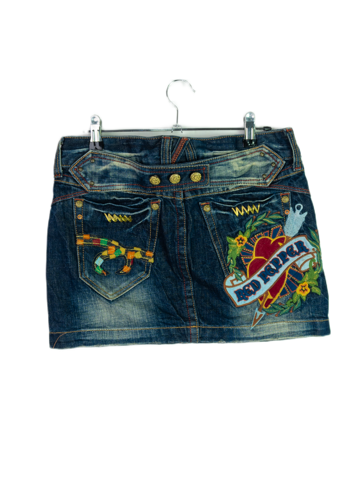 Vintage Y2K Red Pepper Embroidered Denim Mini Skirt
