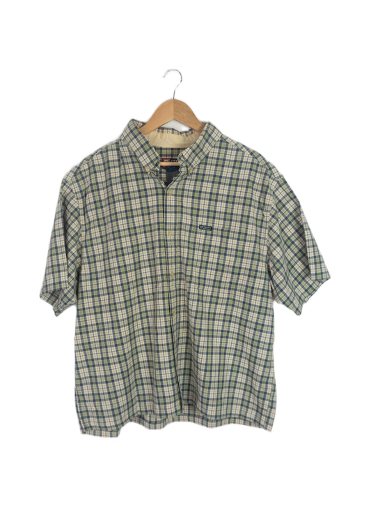 Vintage Chaps Beige Navy Gingham Cropped Button Up