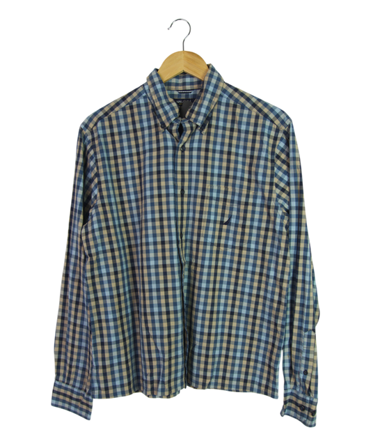 Vintage Nautica Cropped Longsleeve Button Up – Yellow, Blue & Black
